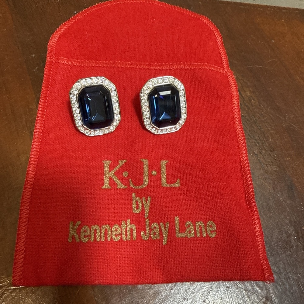 Brand New Kenneth Jay Lane KJL Princess Diana Sapphire Halo Earrings Box Pouch